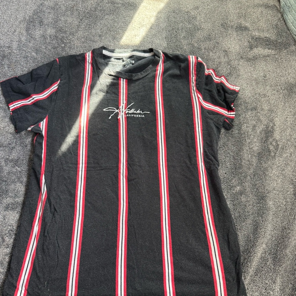 Hollister Black and Red Striped Short Sleeve Tee